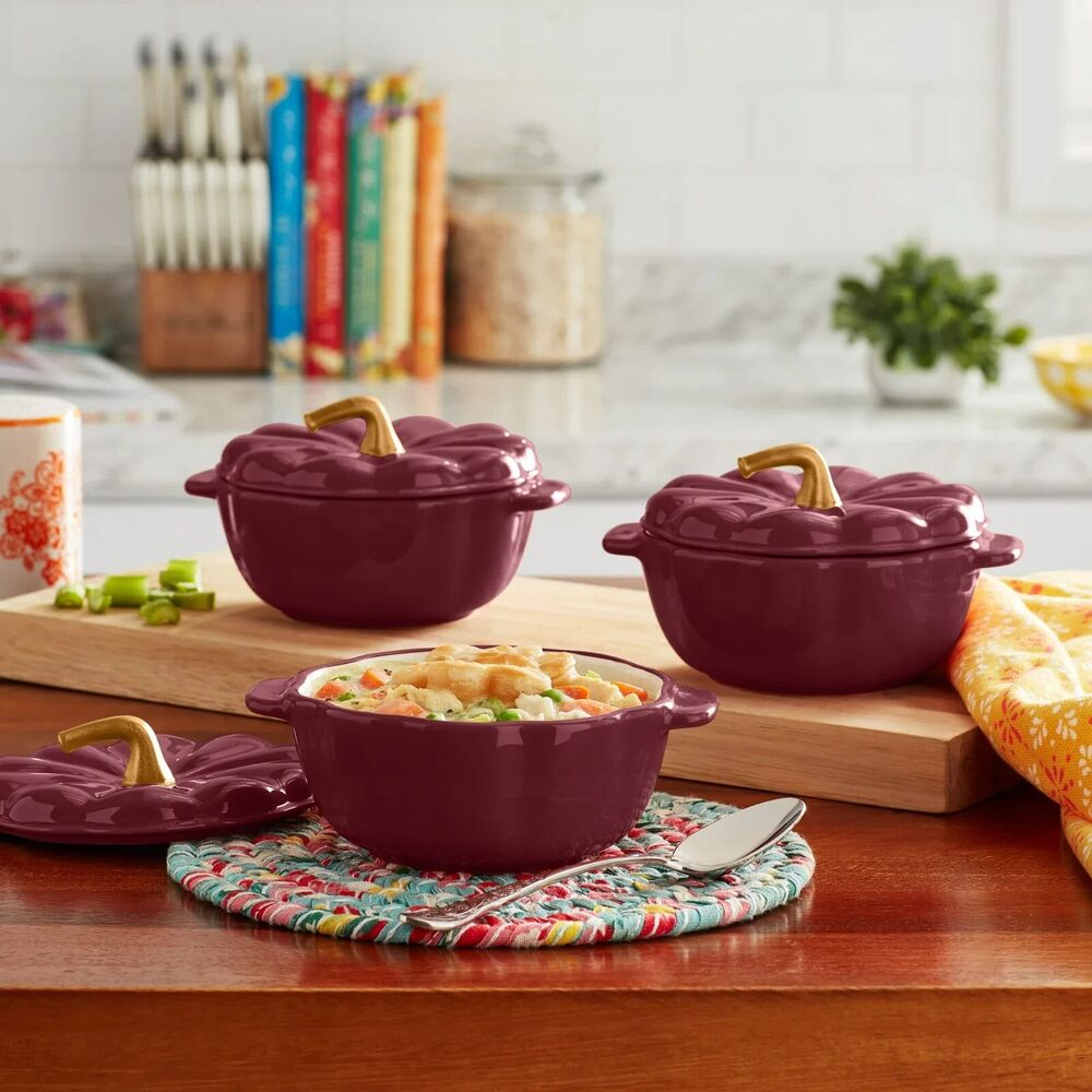 Pioneer Woman Mini Pumpkin Cocottes 3Pc Set Ceramic Casserole Dish Merlot 13.5oz